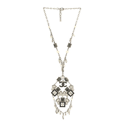 Chanel Baguette Crystal Pearl CC Pendant Necklace Silver Black 3 of 5