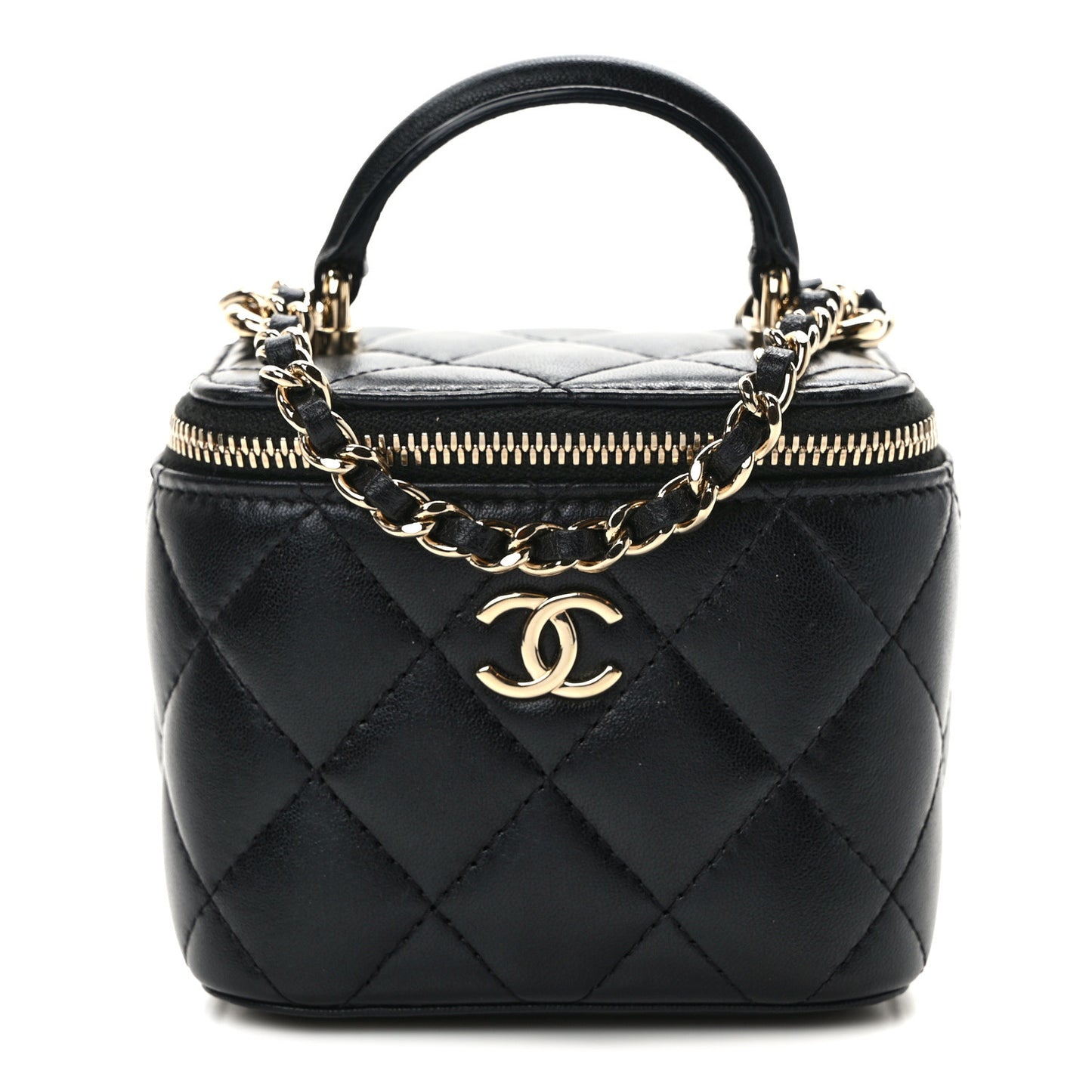 Lambskin Quilted Top Handle Mini Vanity Case With Chain Black