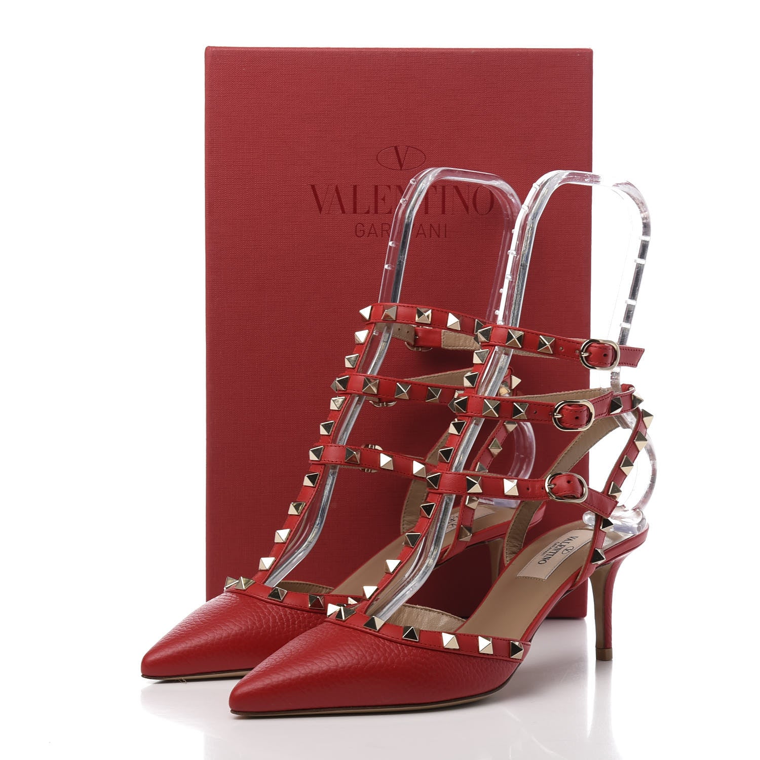 Valentino Garavani Pebbled Calfskin Rockstud Ankle Strap Low Heel Pumps 37 Rosso 9 of 9