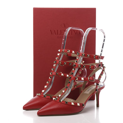 Valentino Garavani Pebbled Calfskin Rockstud Ankle Strap Low Heel Pumps 37 Rosso 9 of 9