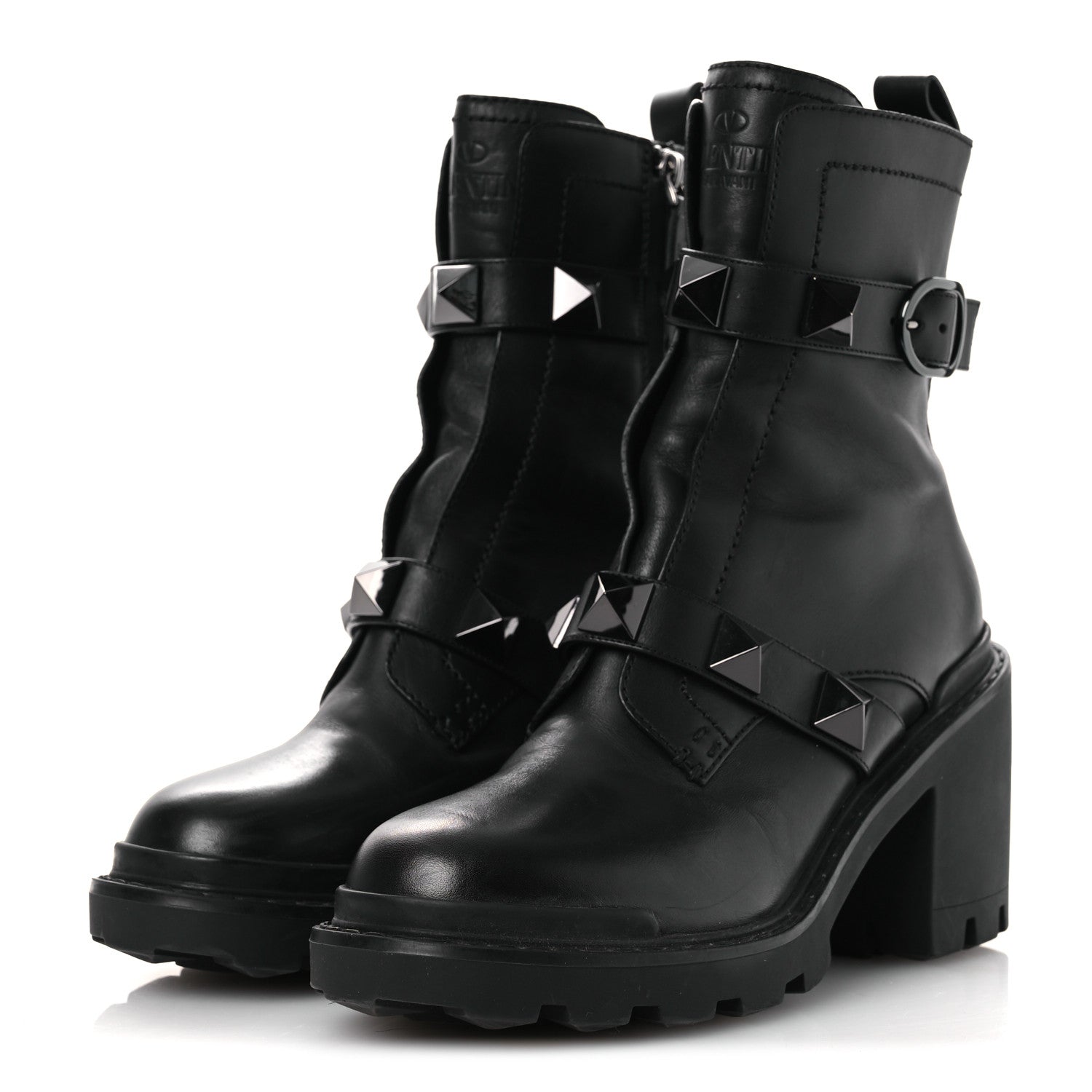 Valentino Garavani Calfskin Tonal Roman Stud Combat Boots 39 Black 4 of 13