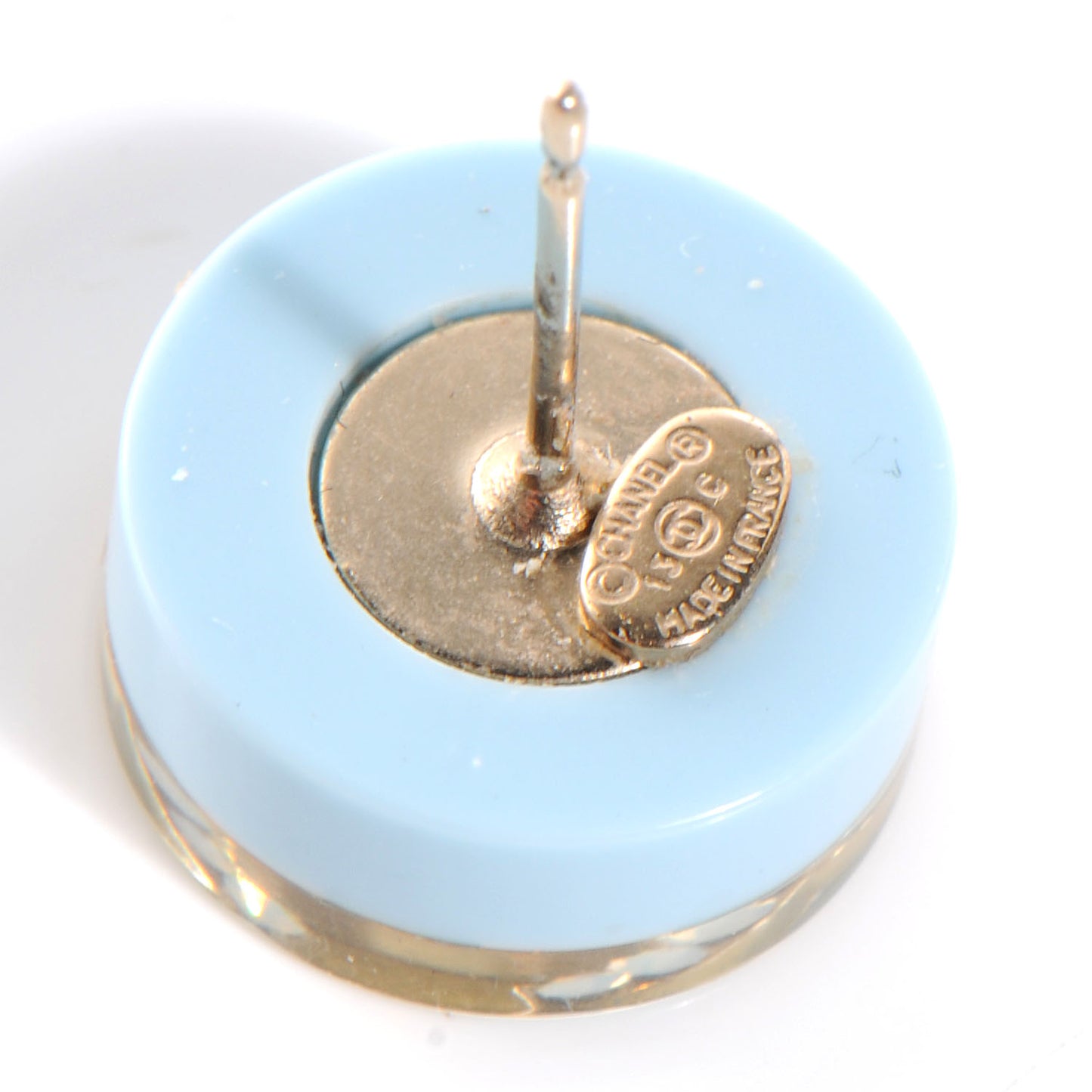 Striped Crystal CC Button Earrings Light Blue