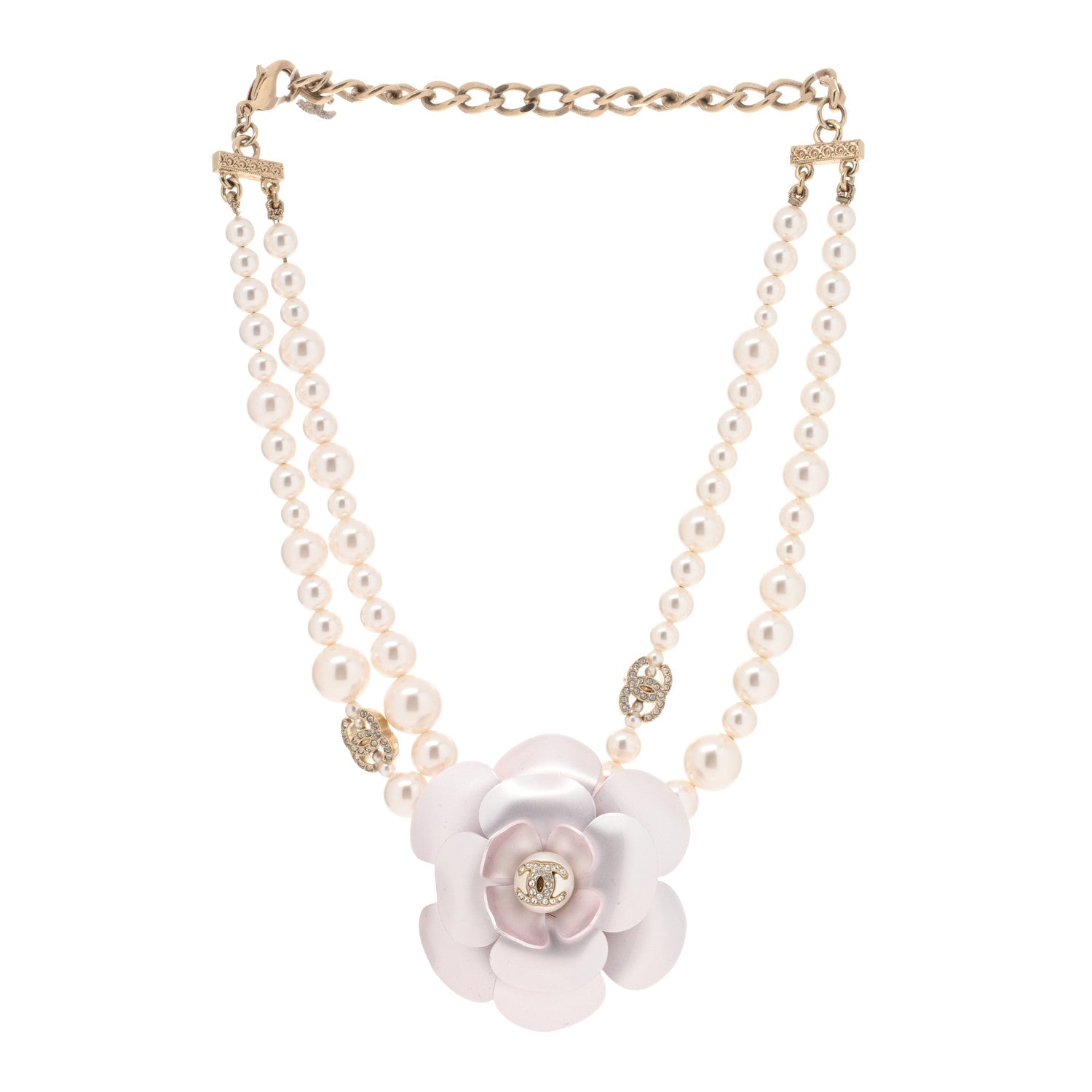 Chanel Pearl Crystal CC Camellia Necklace Gold Pale Pink White 2 of 4