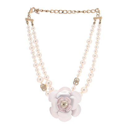 Chanel Pearl Crystal CC Camellia Necklace Gold Pale Pink White 2 of 4