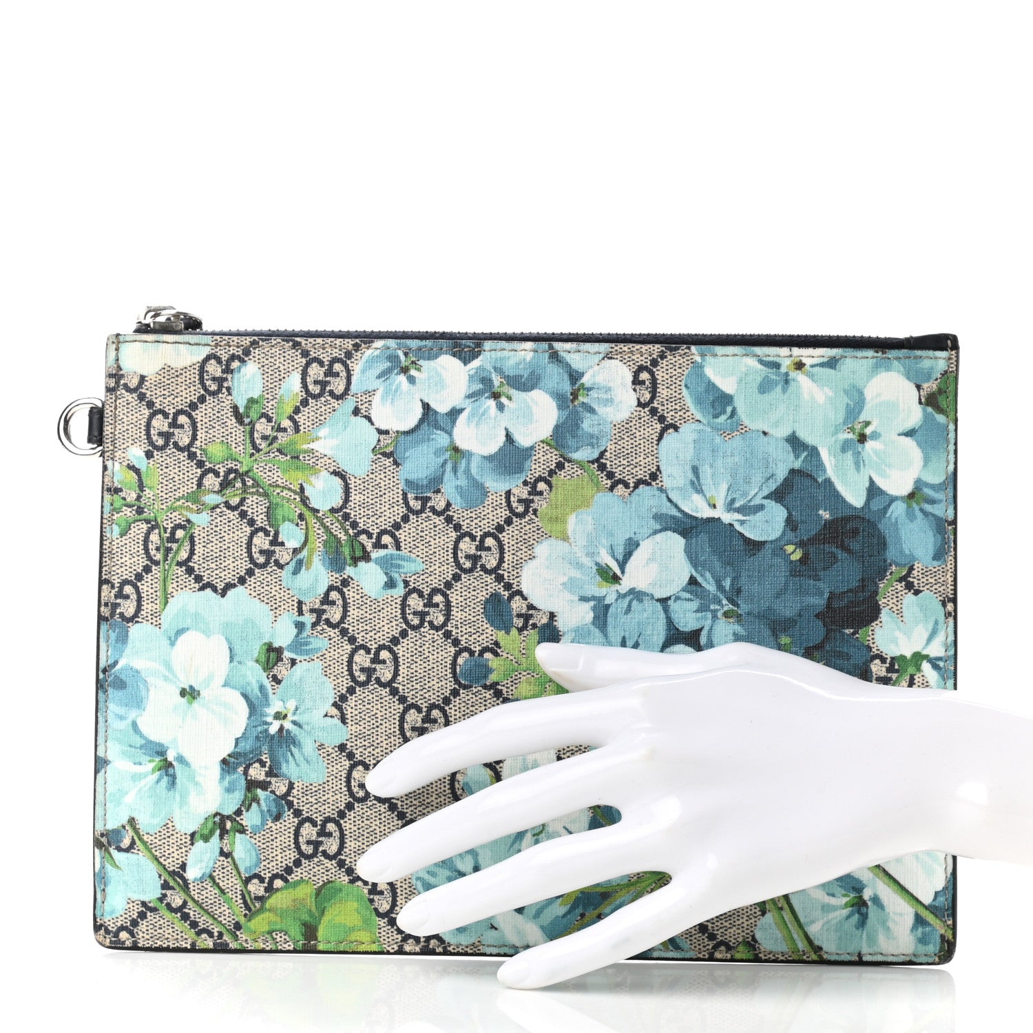 Gucci GG Supreme Monogram Blooms Small Zip Wristlet Pouch Beige Blue Black 2 of 7