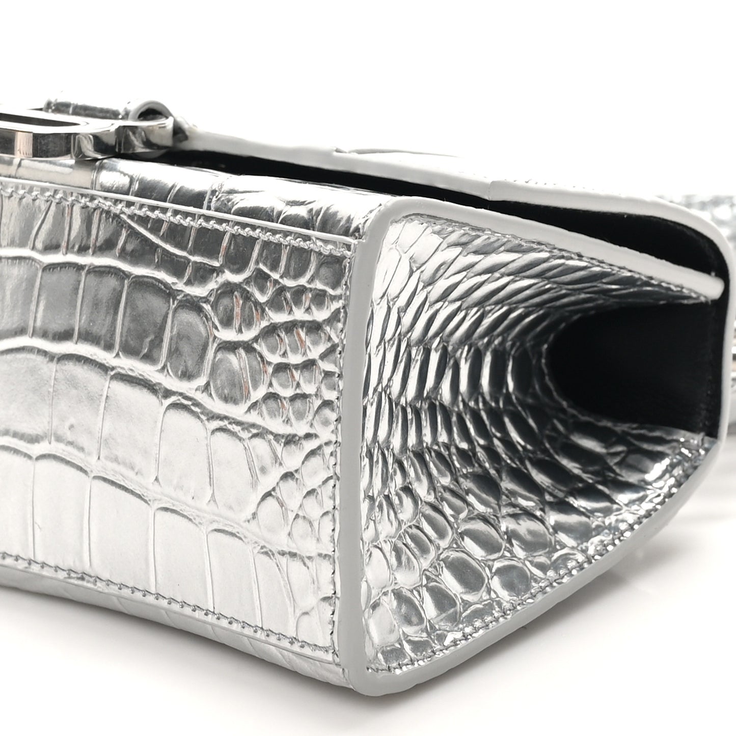 Metallic Calfskin Crocodile Embossed Hourglass Top Handle Bag XS Silver