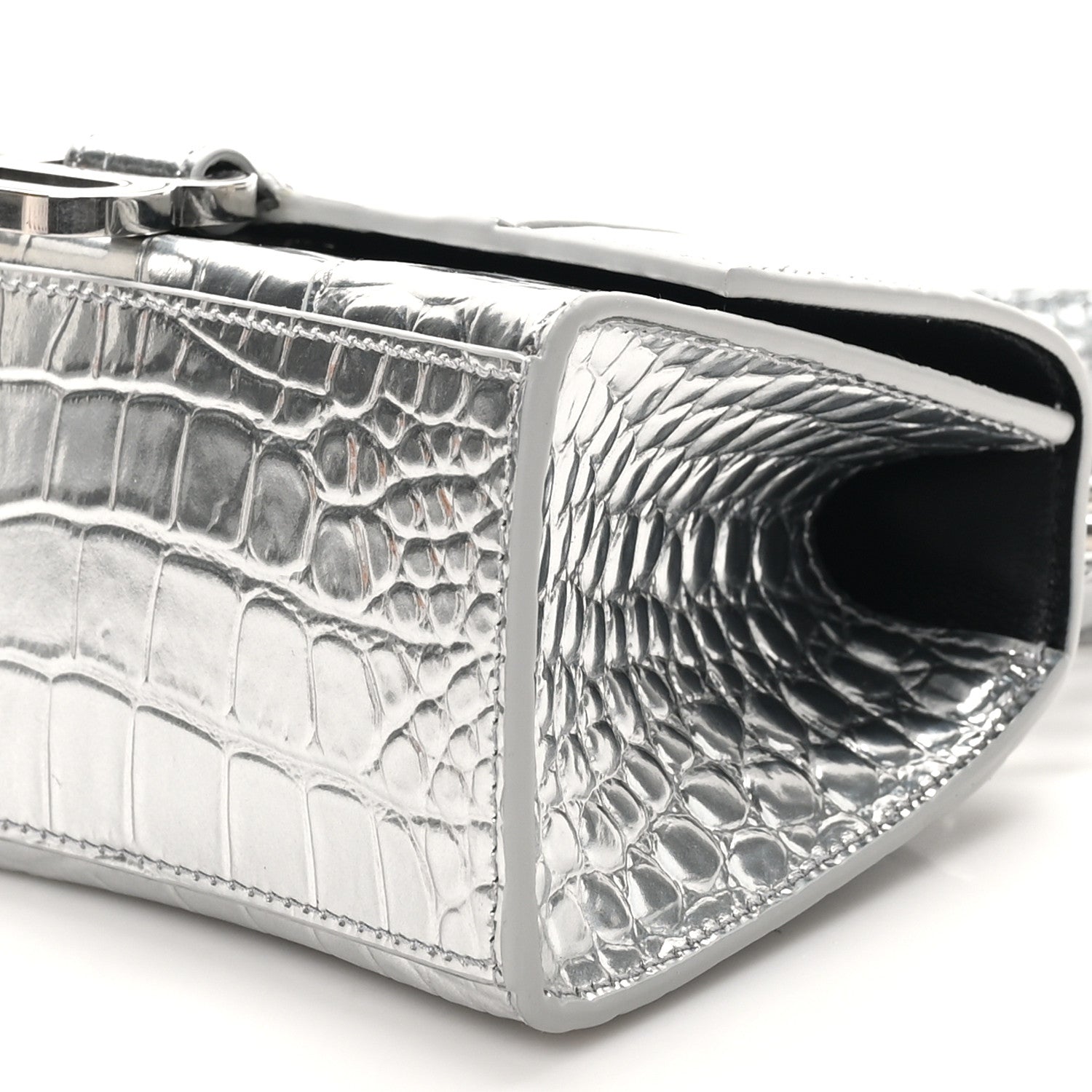 Balenciaga Metallic Calfskin Crocodile Embossed Hourglass Top Handle Bag XS Silver 9 of 10