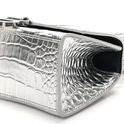 Balenciaga Metallic Calfskin Crocodile Embossed Hourglass Top Handle Bag XS Silver 9 of 10