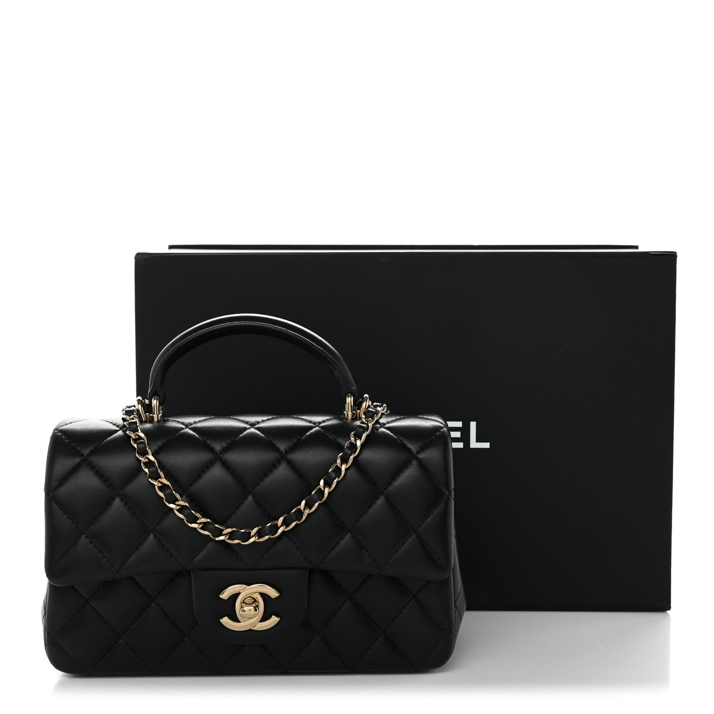 Lambskin Quilted Mini Top Handle Rectangular Flap Black