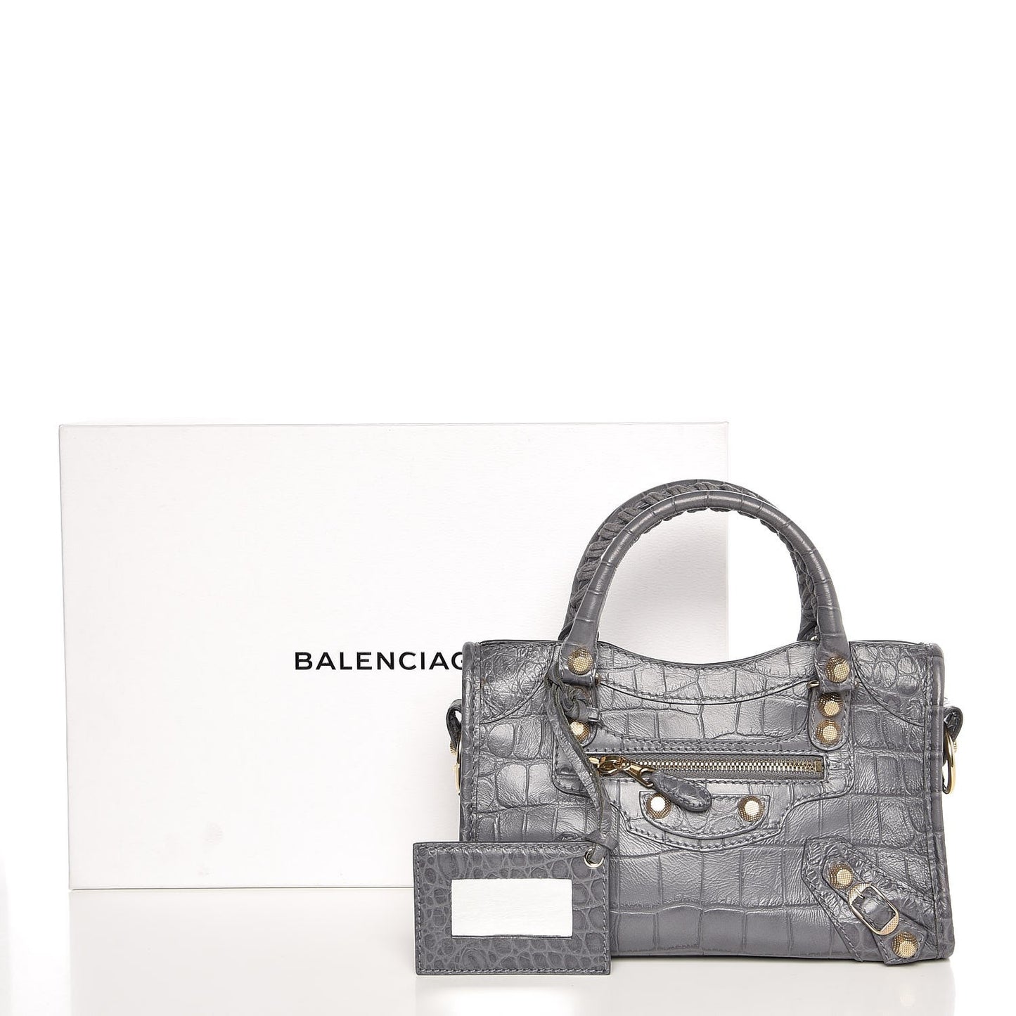 Calfskin Crocodile Embossed Giant 12 Gold Hardware Mini City Gris Beton