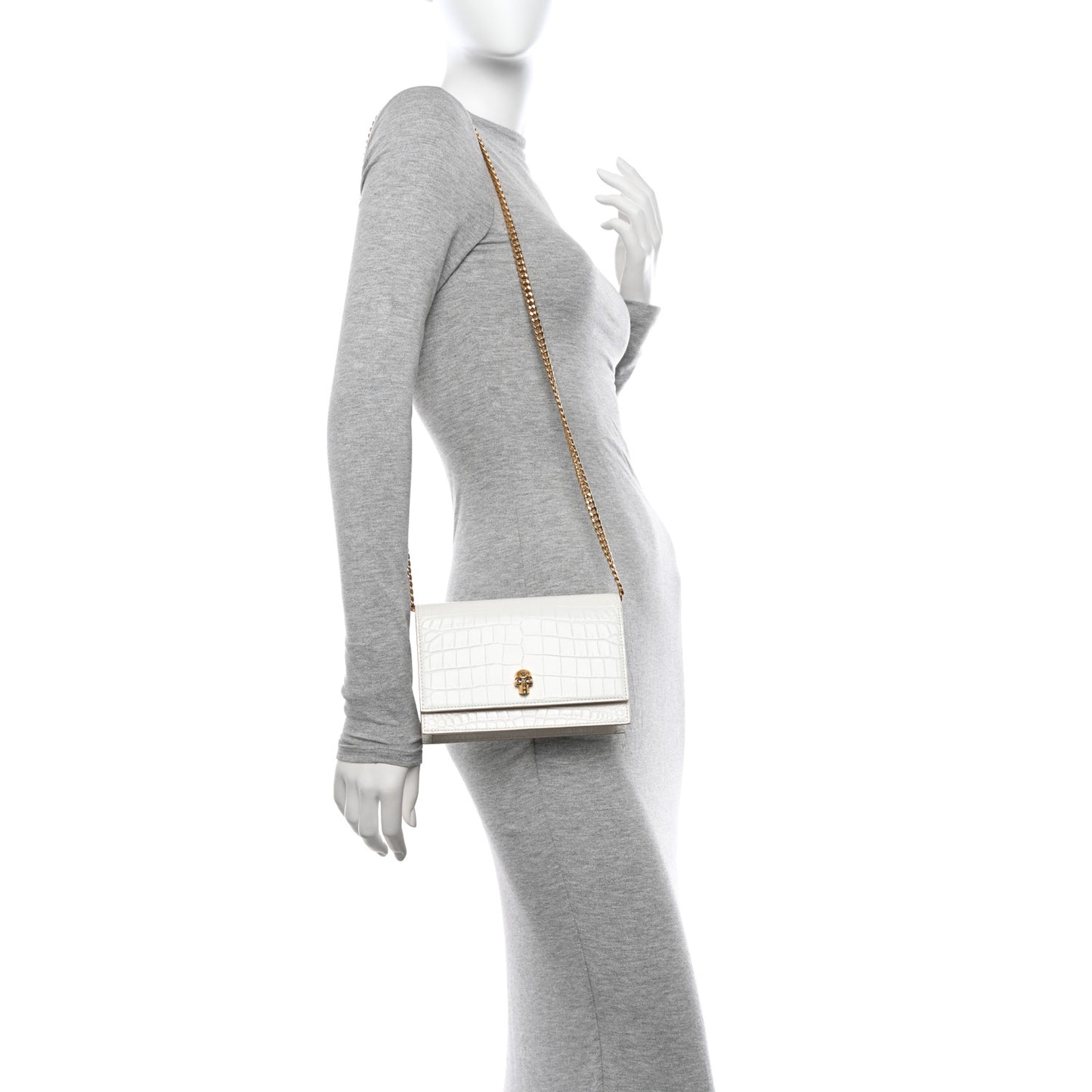 Calfskin Crocodile Embossed Skull Mini Crossbody Bag White