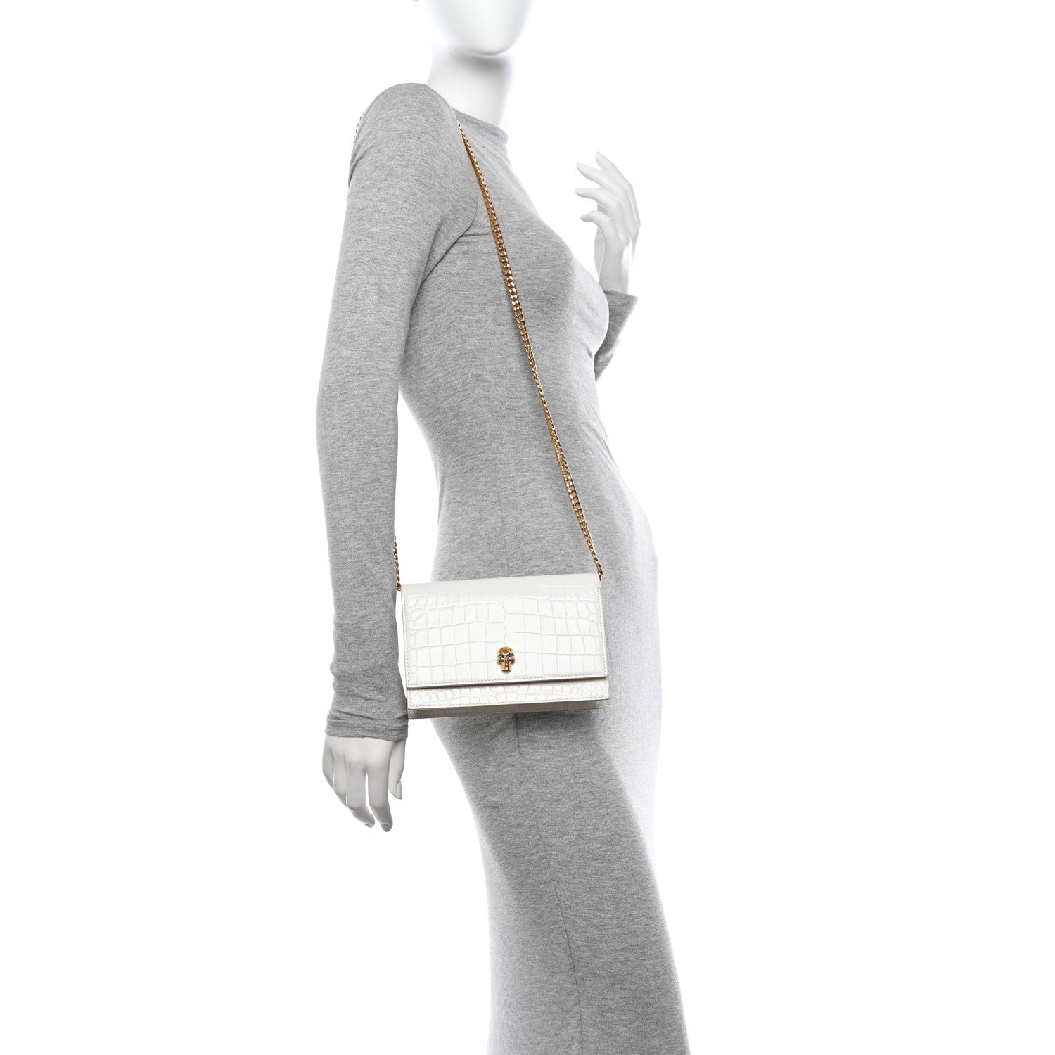Alexander McQueen Calfskin Crocodile Embossed Skull Mini Crossbody Bag White 2 of 14
