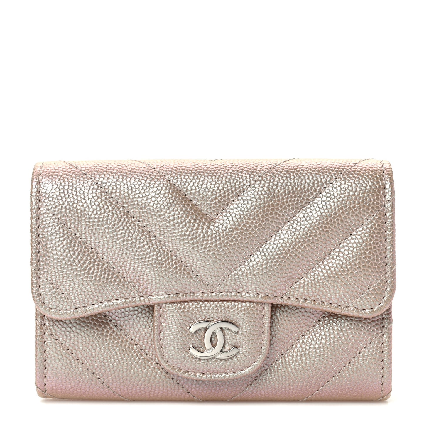 Iridescent Caviar Chevron Quilted Flap Card Holder Beige