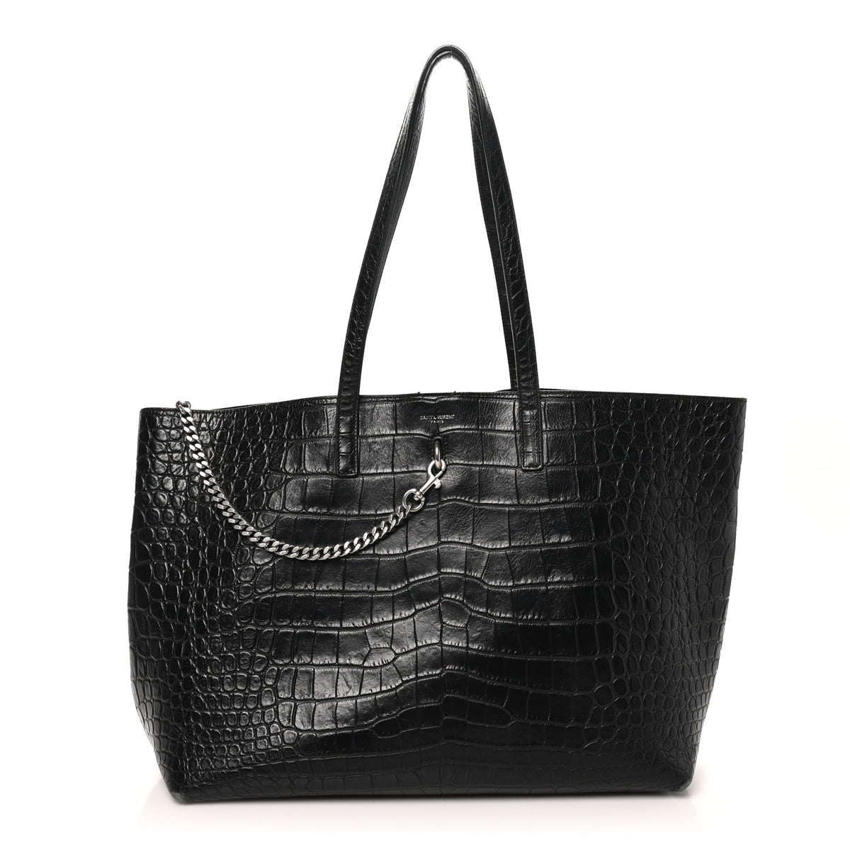 Calfskin Crocodile Embossed Large Shopper Tote Black