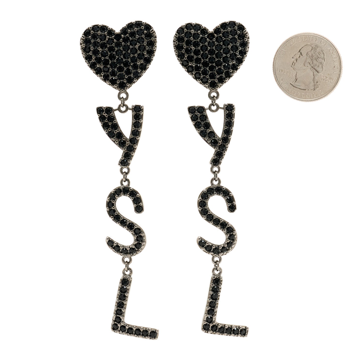 Saint Laurent Brass Crystal Monogram Heart Drop Clip Earrings Silver 2 of 4