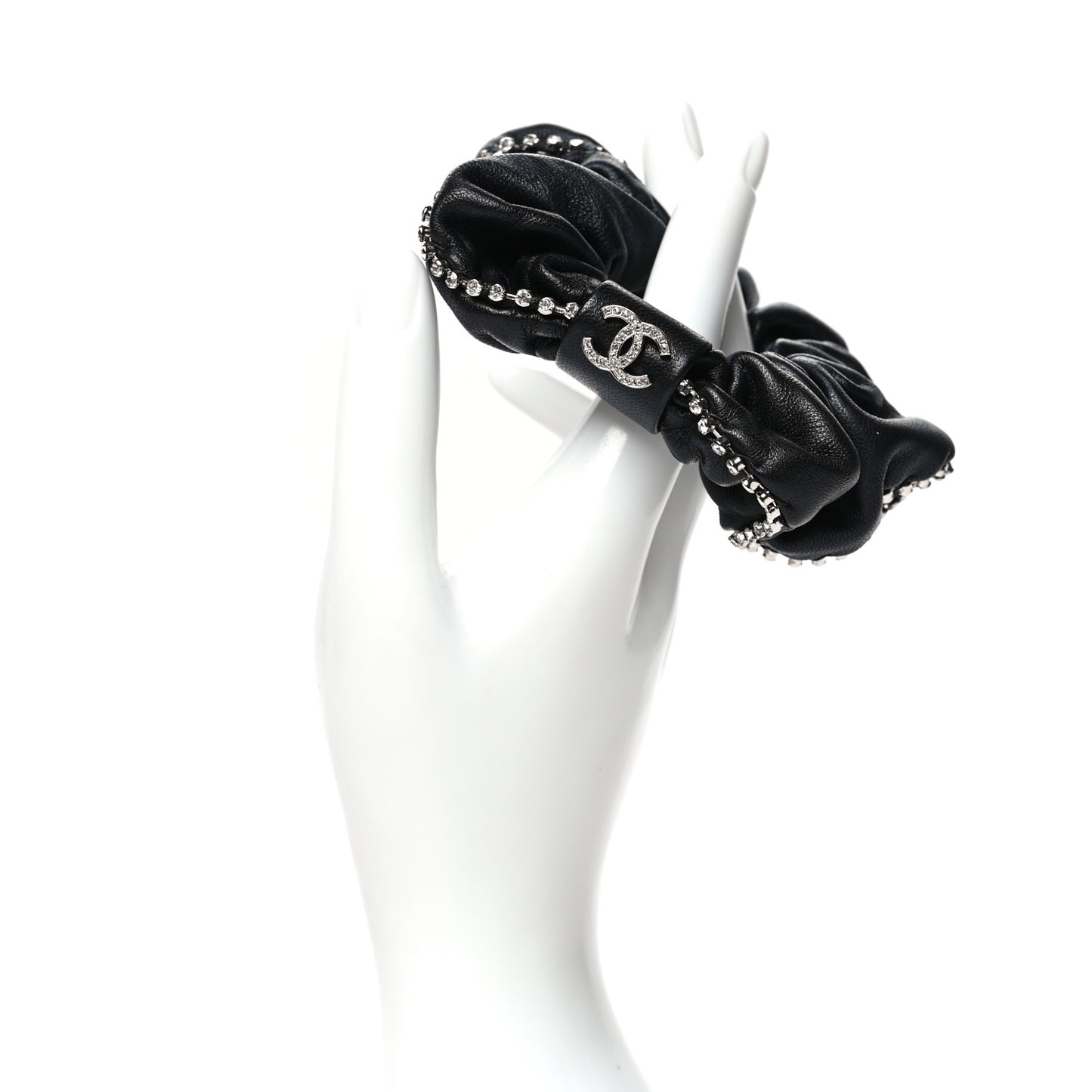 Lambskin Crystal CC Hair Scrunchie Black Silver