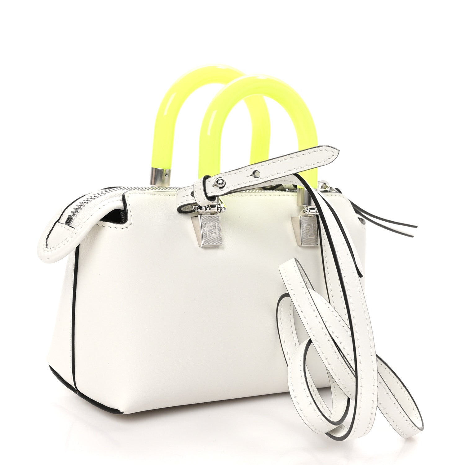Fendi Vitello King Plexiglass Logo Embossed Mini By The Way Top Handle Boston Bag White Yellow 3 of 10