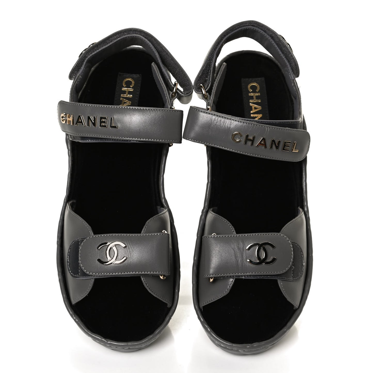 Shiny Calfskin Logo Platform Sandals 38 Grey