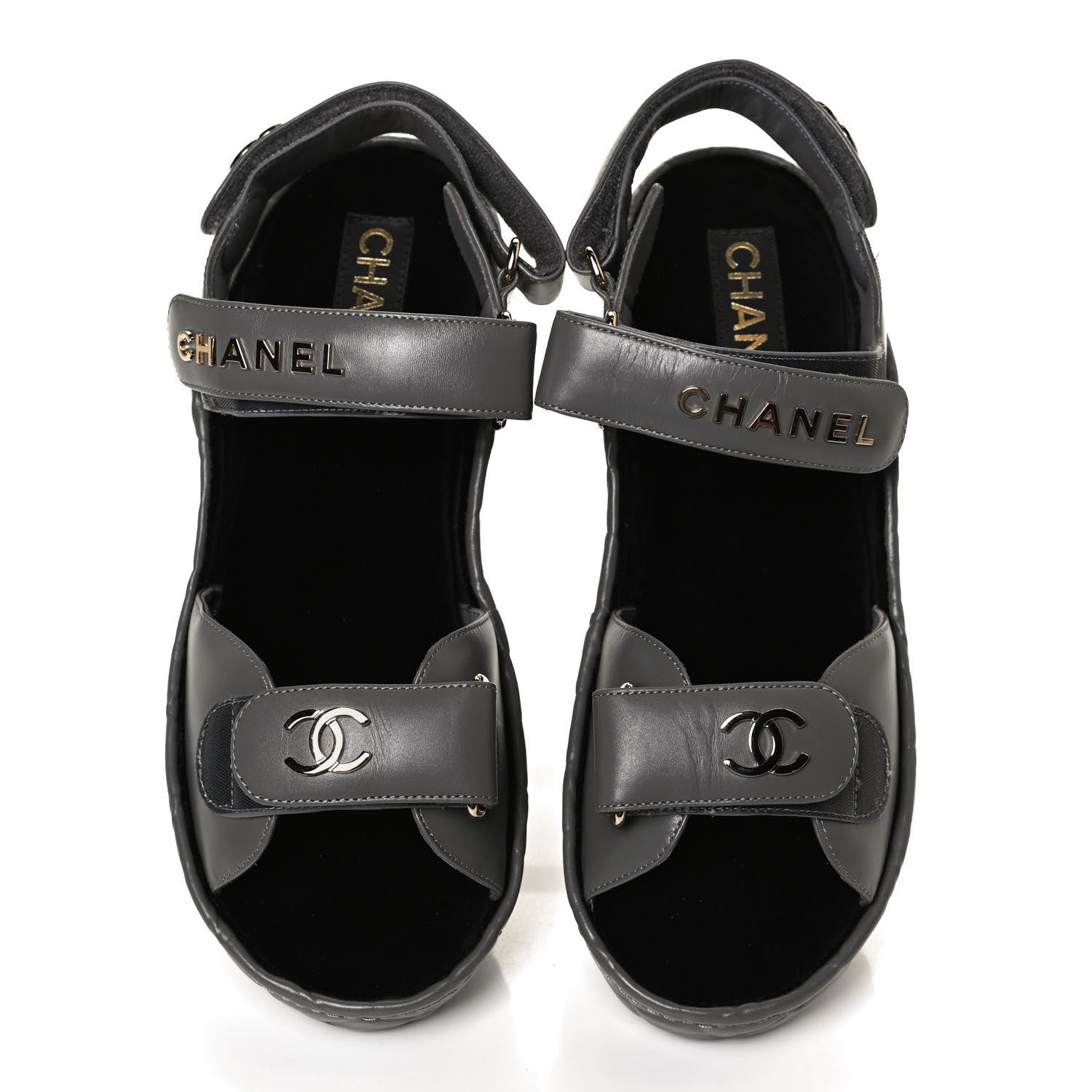 Chanel Shiny Calfskin Logo Platform Sandals 38 Grey 5 of 12