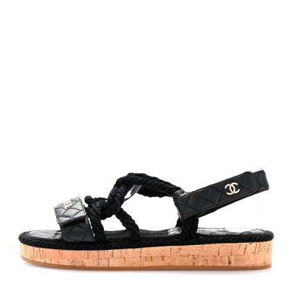 Chanel Cord Lambskin Quilted Logo Sandals 38 Black 1 of 9