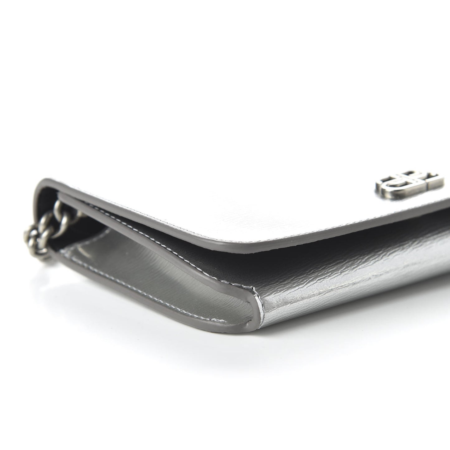 Metallic Grained Calfskin BB Phone Holder Wallet On Chain Silver