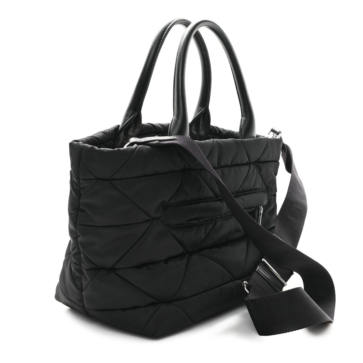 Re-Nylon Nappa Triangle Quilted Padded Small Double Handled Zip Tote Black