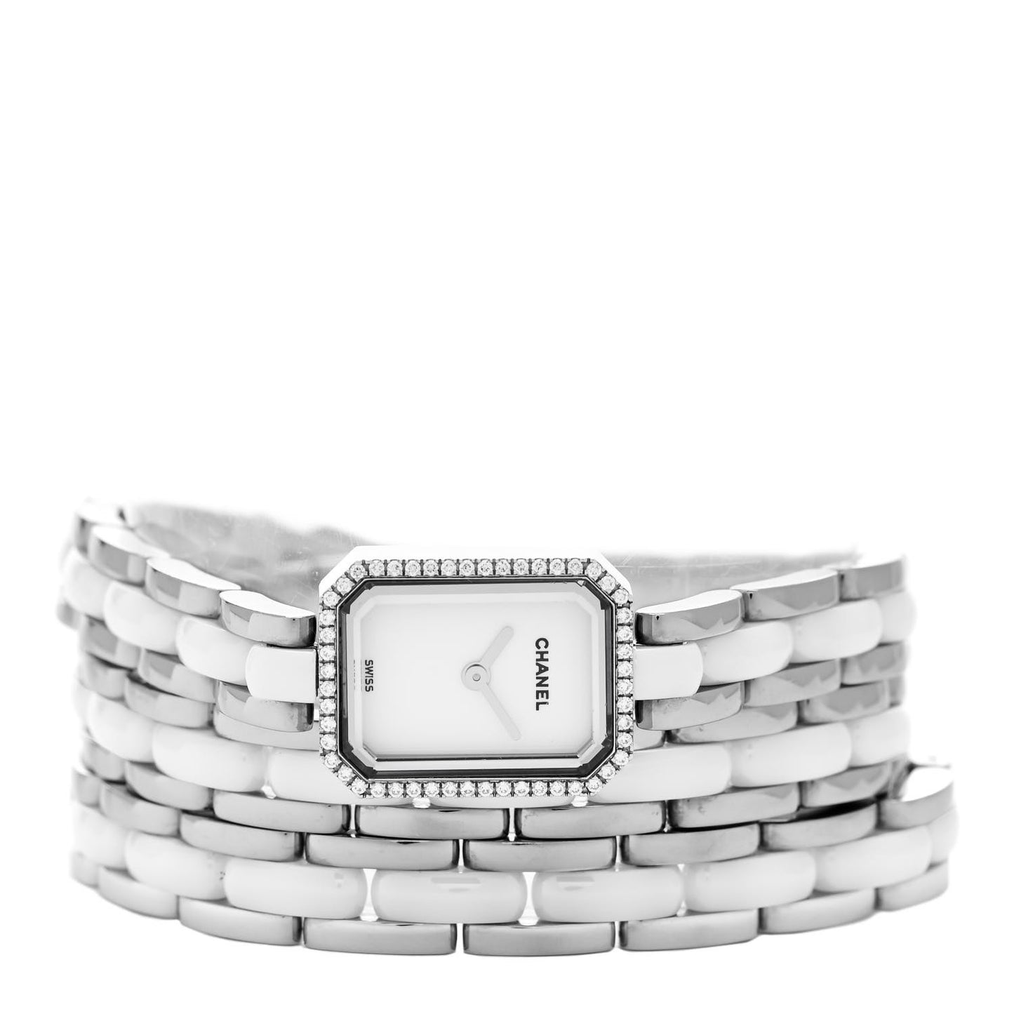 Stainless Steel Ceramic Diamond Bezel 16mm Premiere Triple Row Quartz Watch White