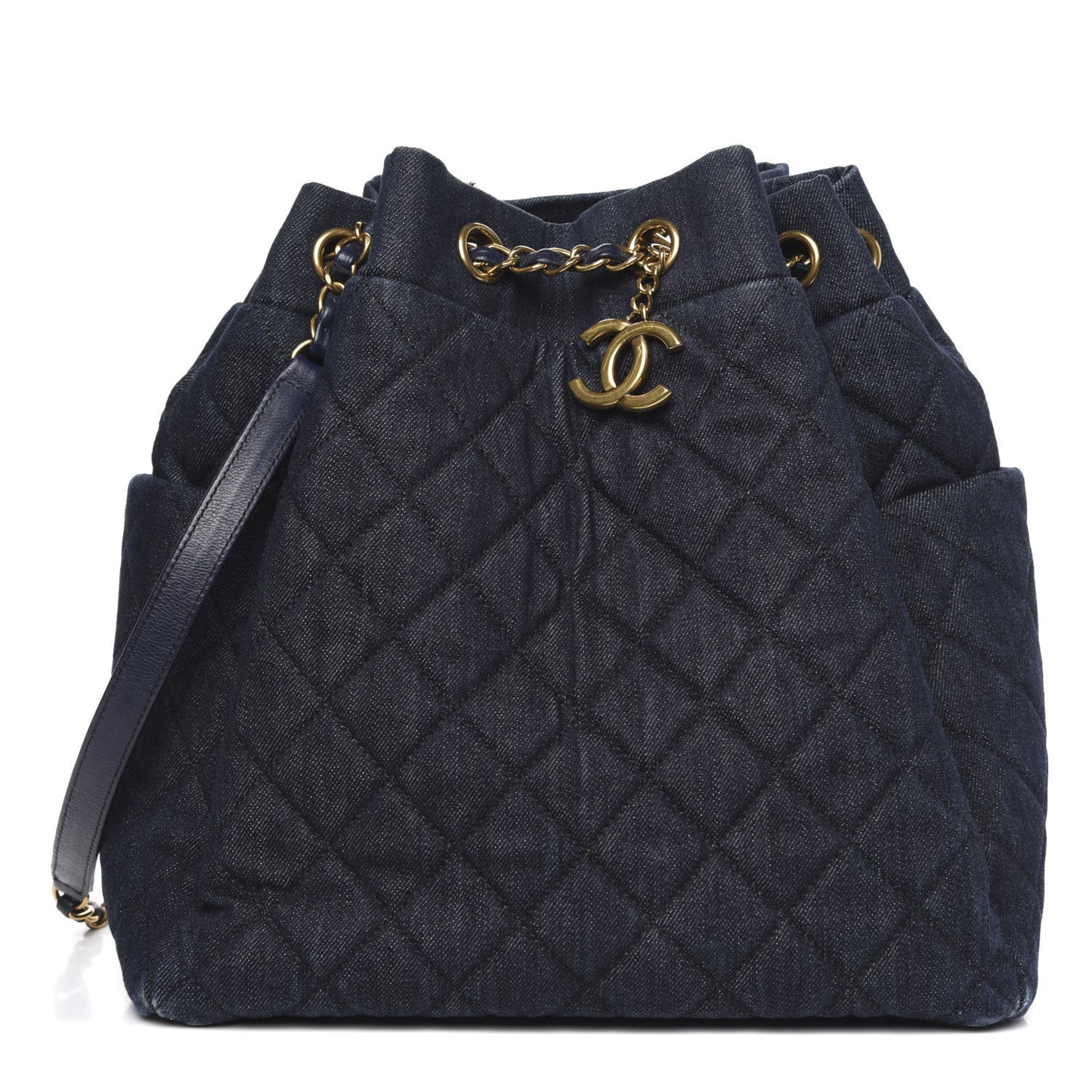 Washed Denim Quilted Large Urban Spirit Drawstring Bag Dark Blue