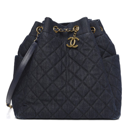 Chanel Washed Denim Quilted Large Urban Spirit Drawstring Bag Dark Blue 1 of 11