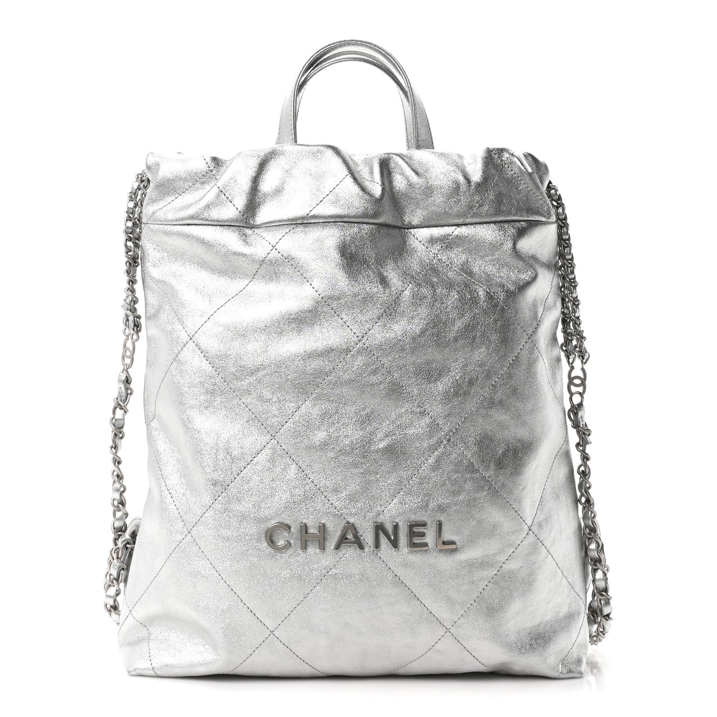 Metallic Calfskin Quilted Chanel 22 Backpack Silver