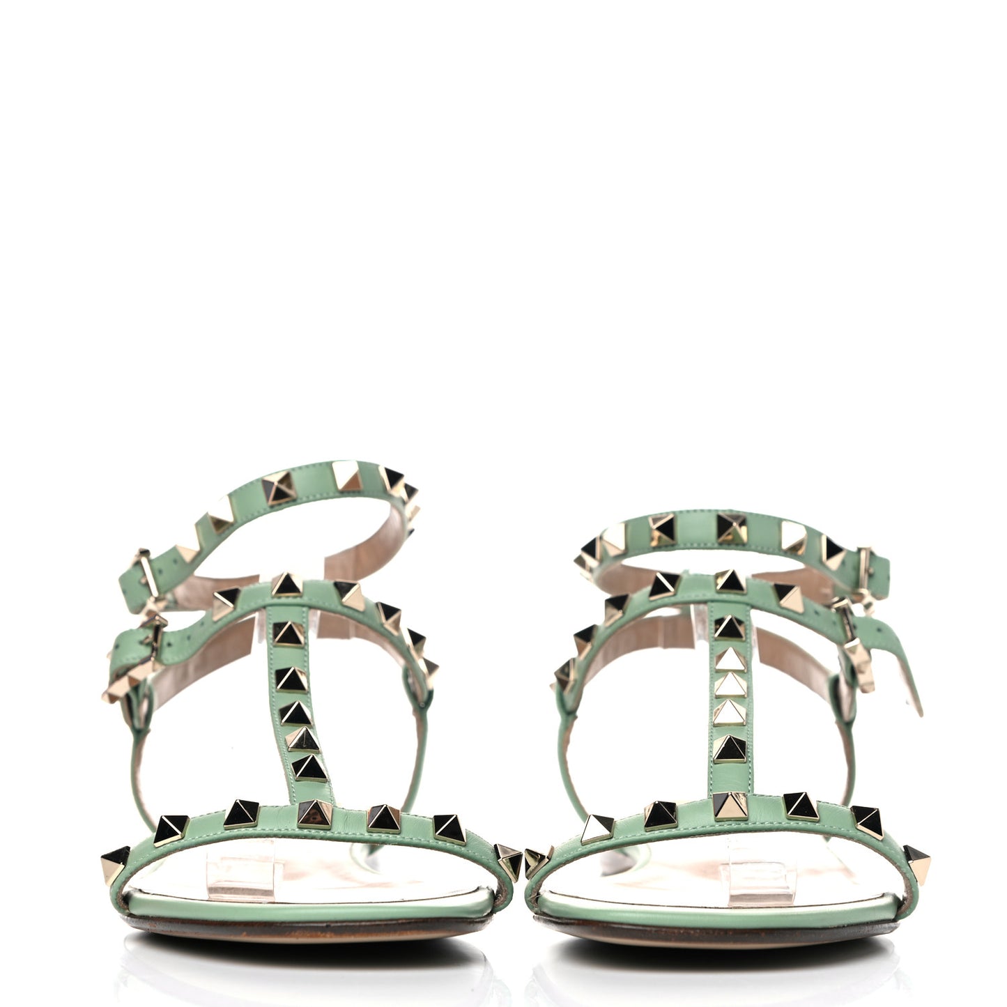 Calfskin Rockstud Ankle T-Strap Flat Sandals 39.5 Powder Green
