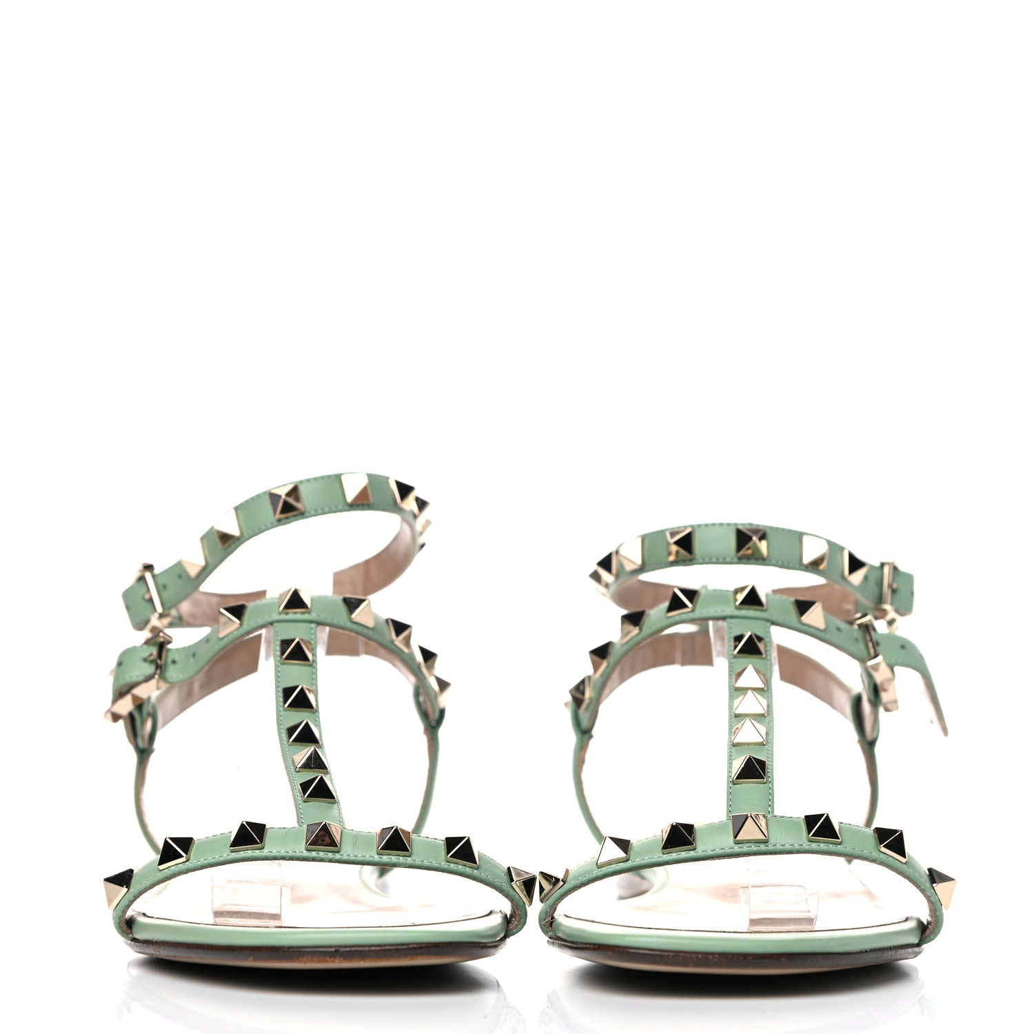 Valentino Garavani Calfskin Rockstud Ankle T-Strap Flat Sandals 39.5 Powder Green 2 of 13