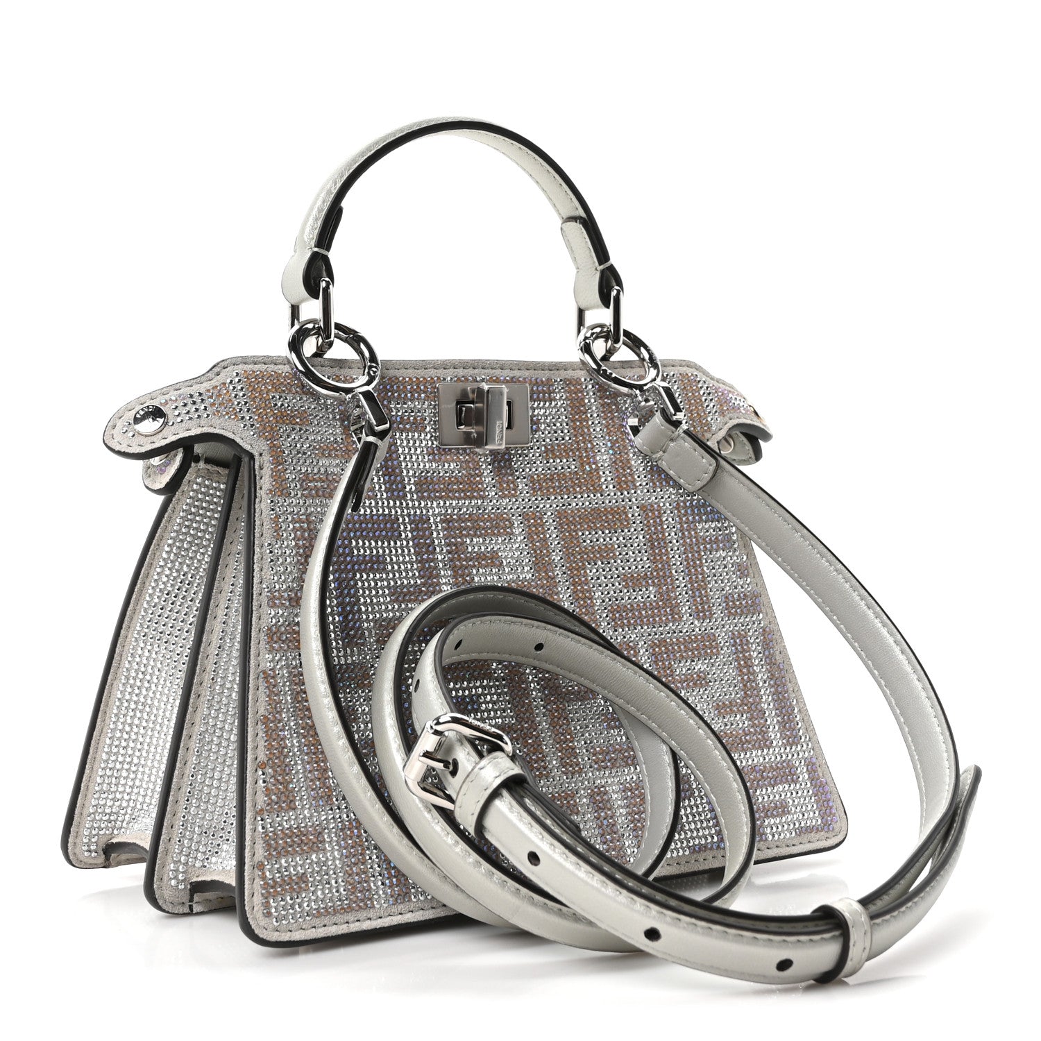 Fendi Iridescent Crystal Vitello Laminato Suede FF Petite Peekaboo