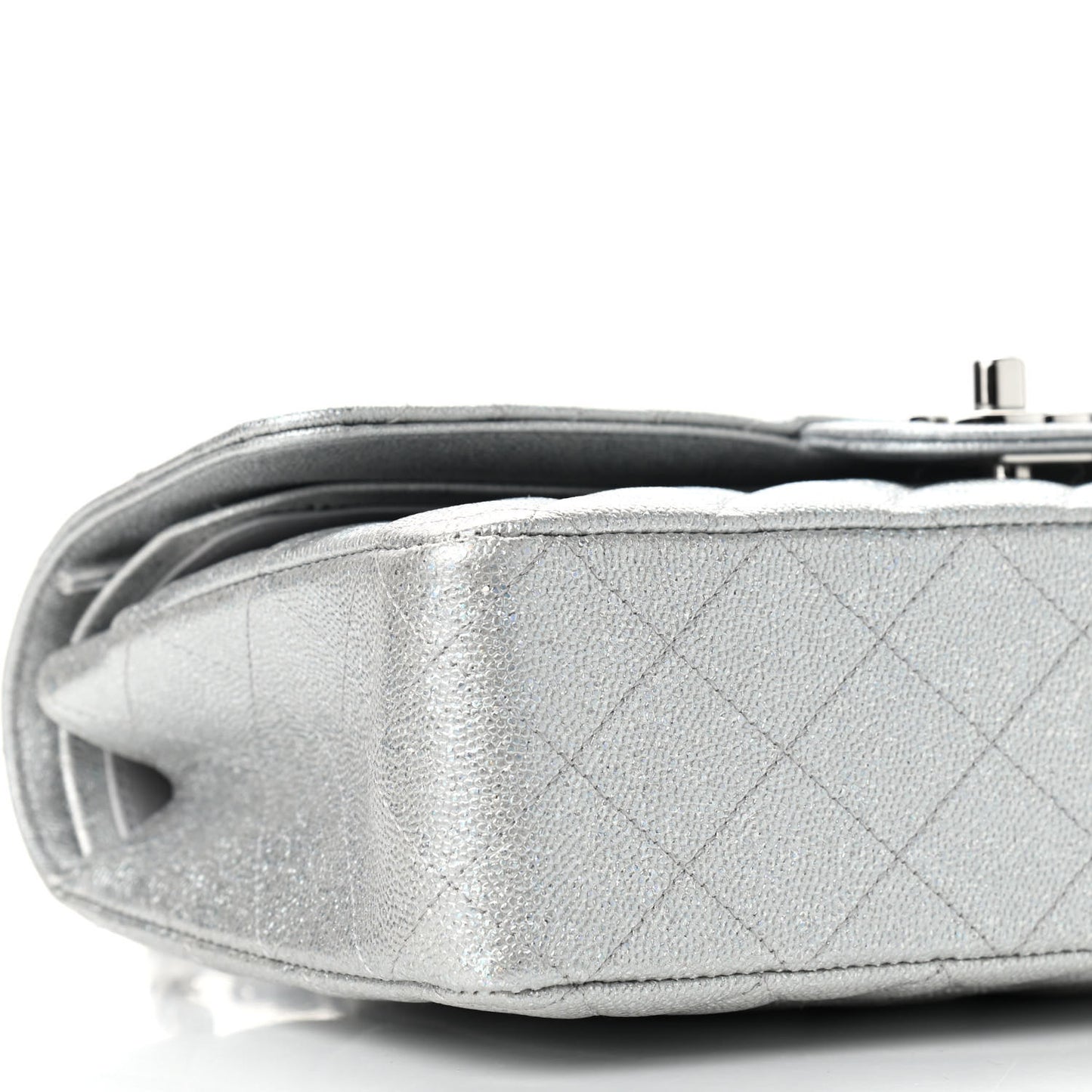 Glittered Metallic Caviar Quilted Medium Double Flap Silver