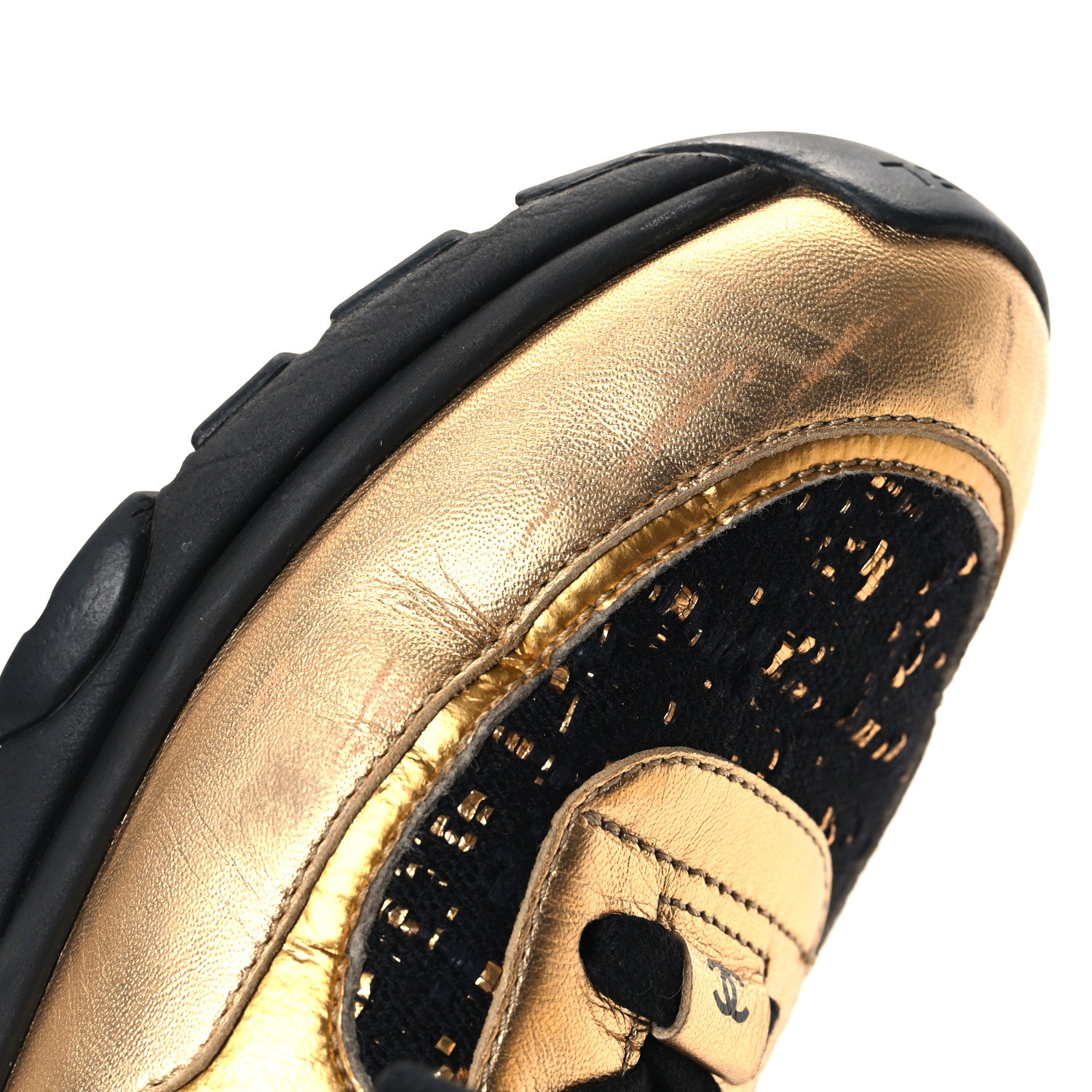 Chanel Satin Lambskin Fabric Tweed CC Sneakers 38.5 Gold Black 10 of 13