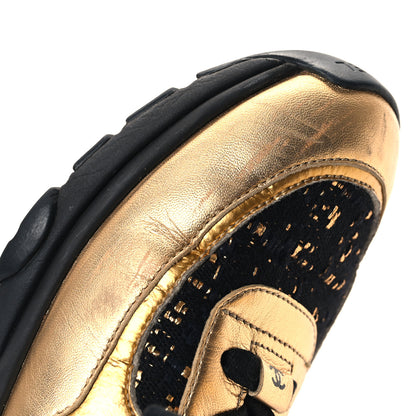 Chanel Satin Lambskin Fabric Tweed CC Sneakers 38.5 Gold Black 10 of 13
