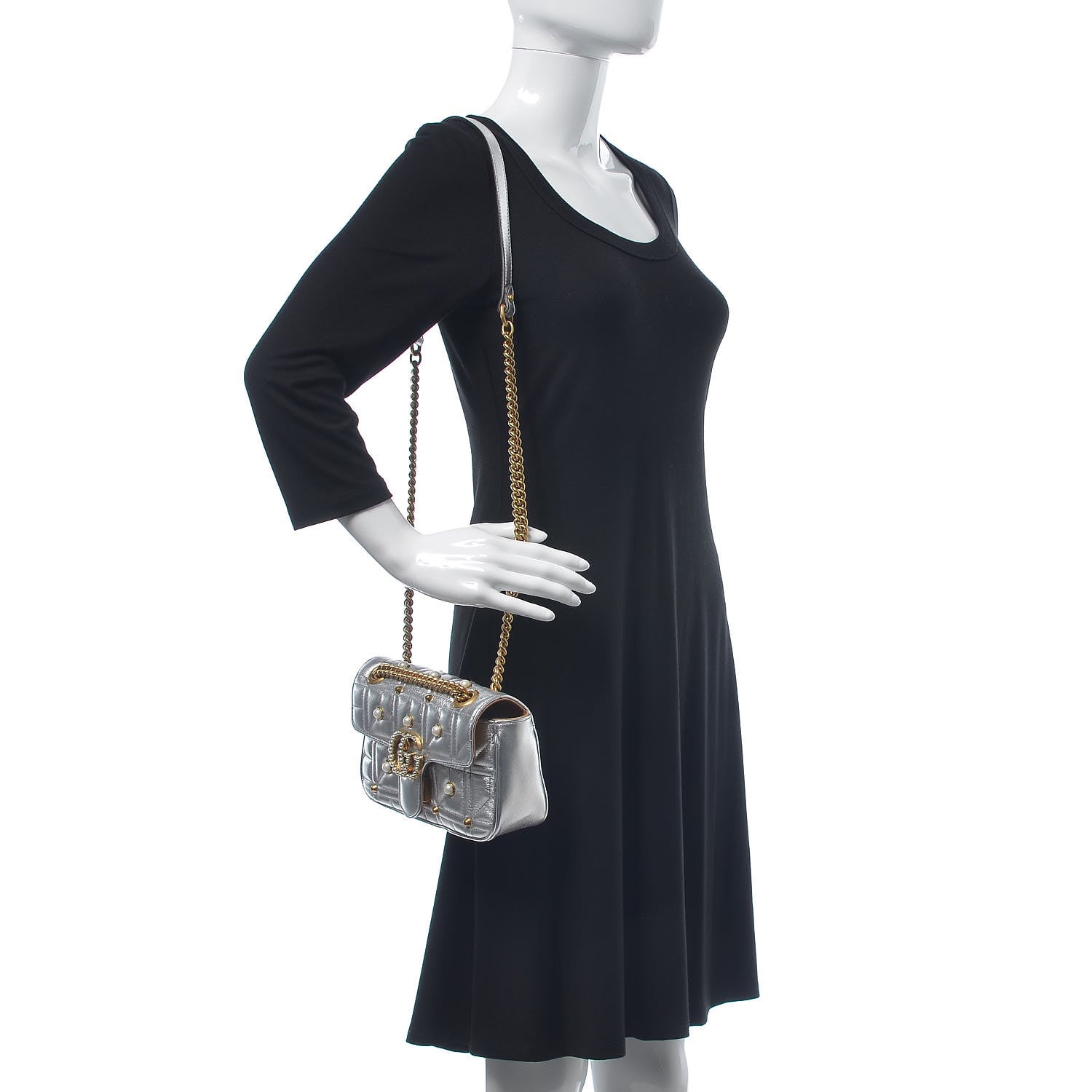 Gucci Metallic Calfskin Matelasse Studded Mini Pearly GG Marmont Shoulder Bag Silver 2 of 8