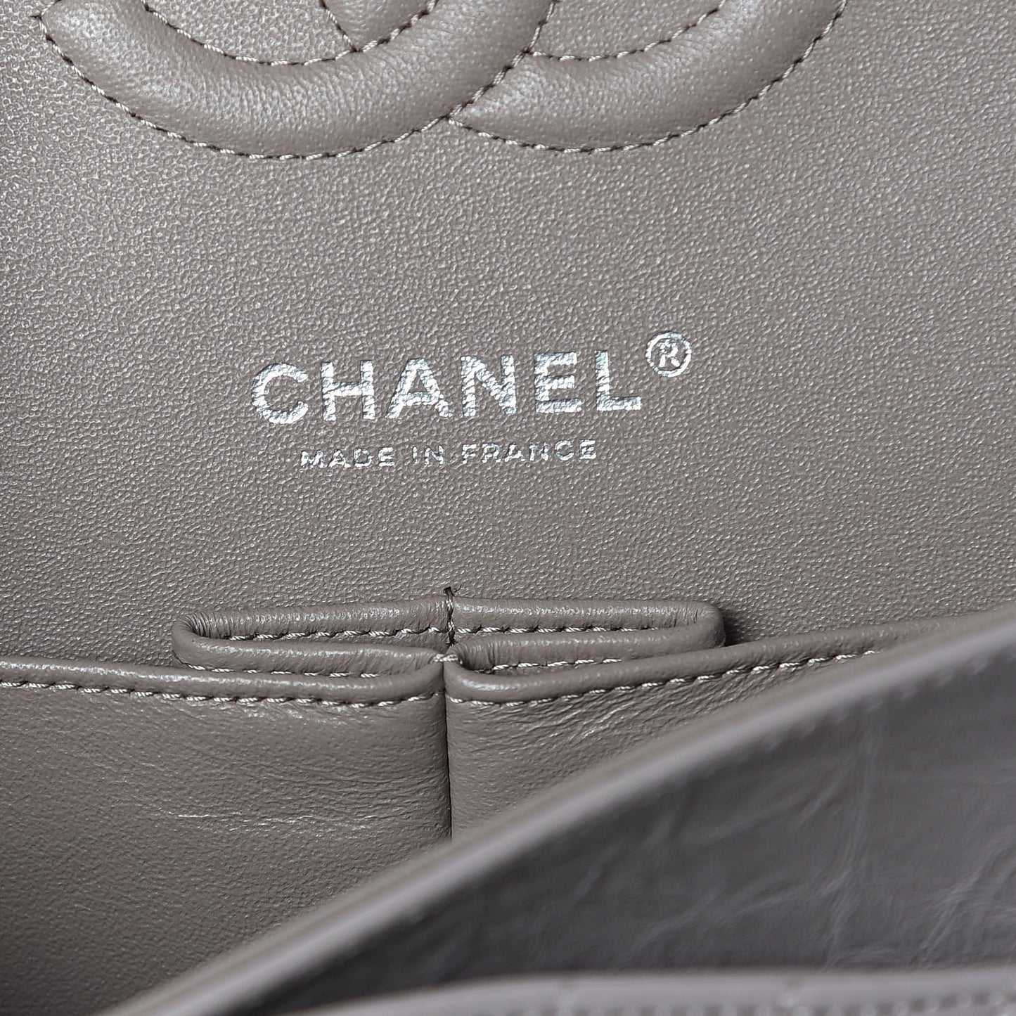 Iridescent Calfskin Chevron Quilted Medium Double Flap Grey