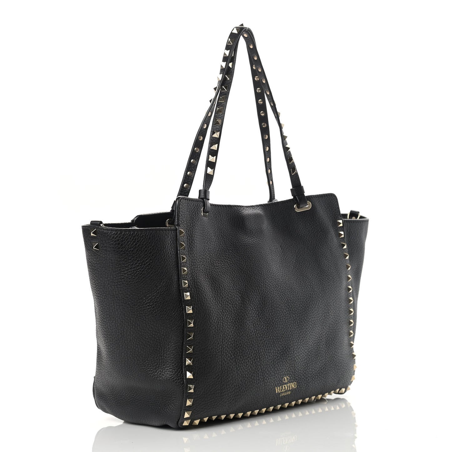 Pebbled Calfskin Medium Rockstud Tote Black