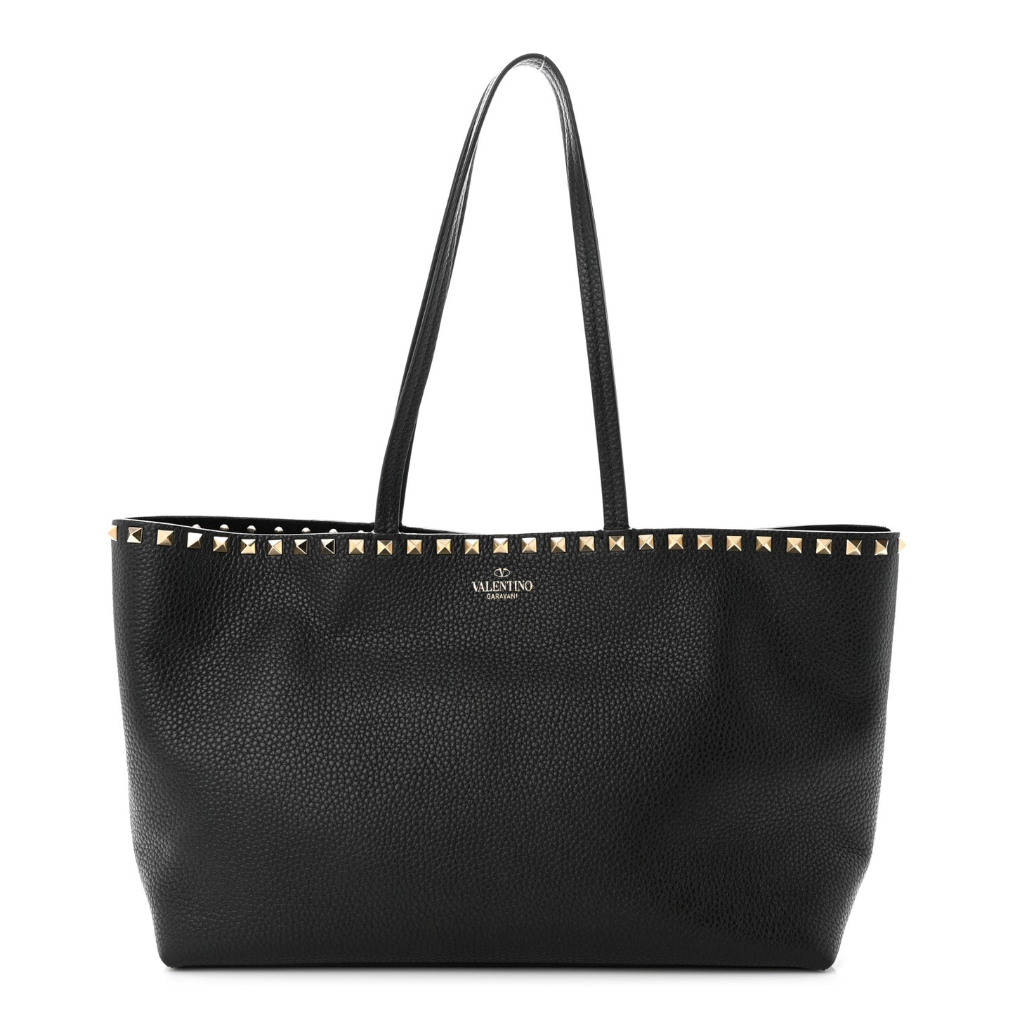 Grained Calfskin Small Rockstud Shoulder Tote Black