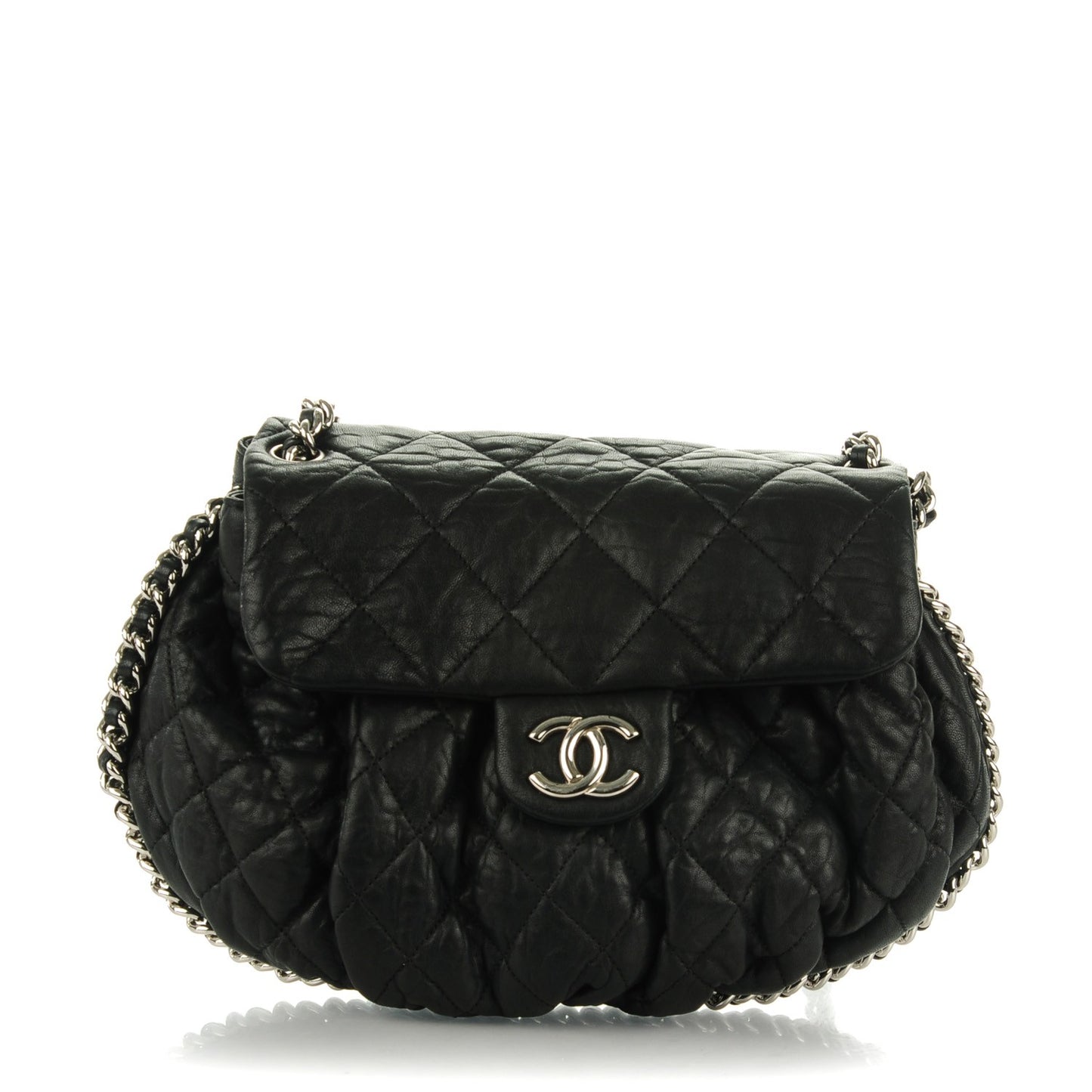 Washed Lambskin Quilted Medium Chain Around Messenger Black