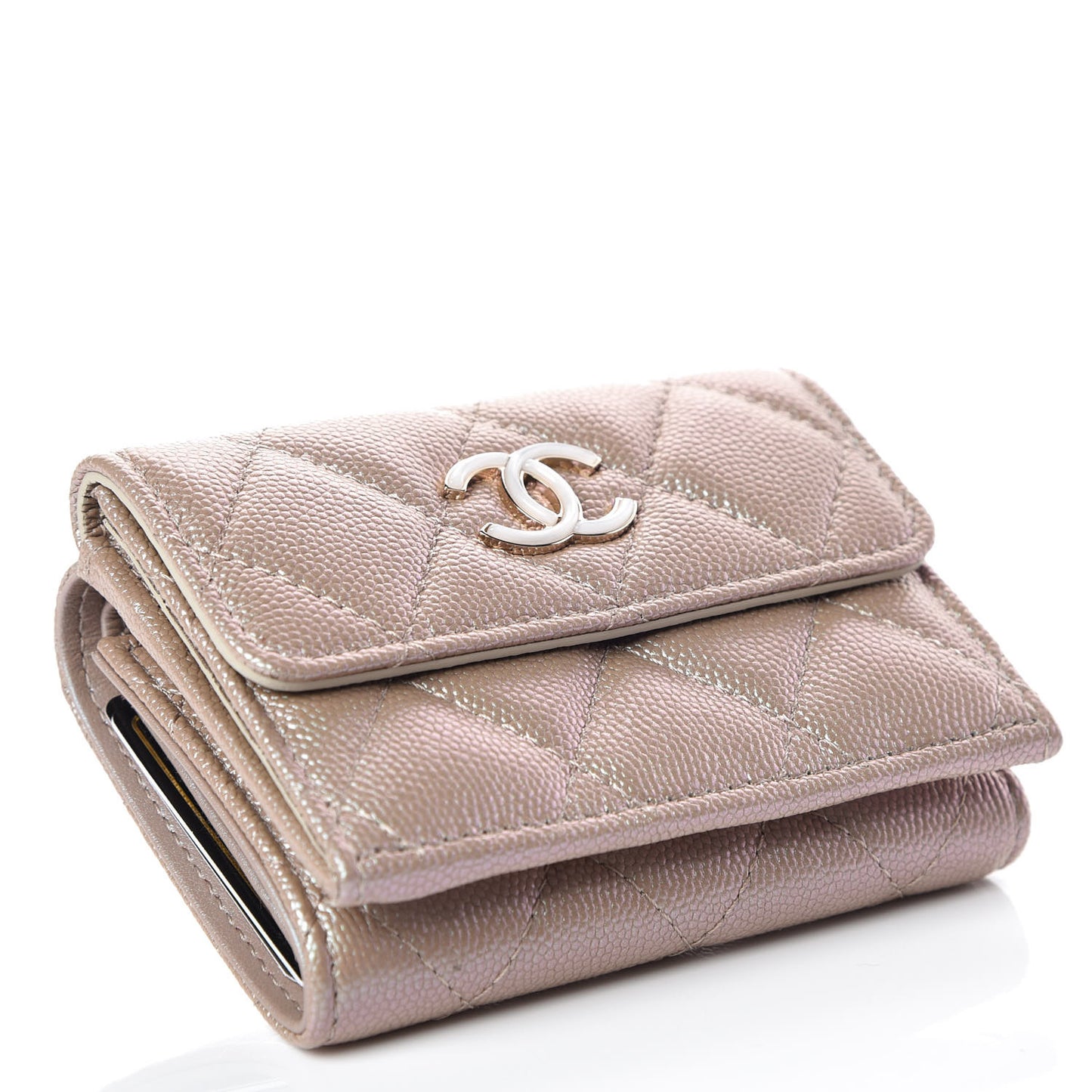 Iridescent Caviar Quilted Double Flap Wallet Beige