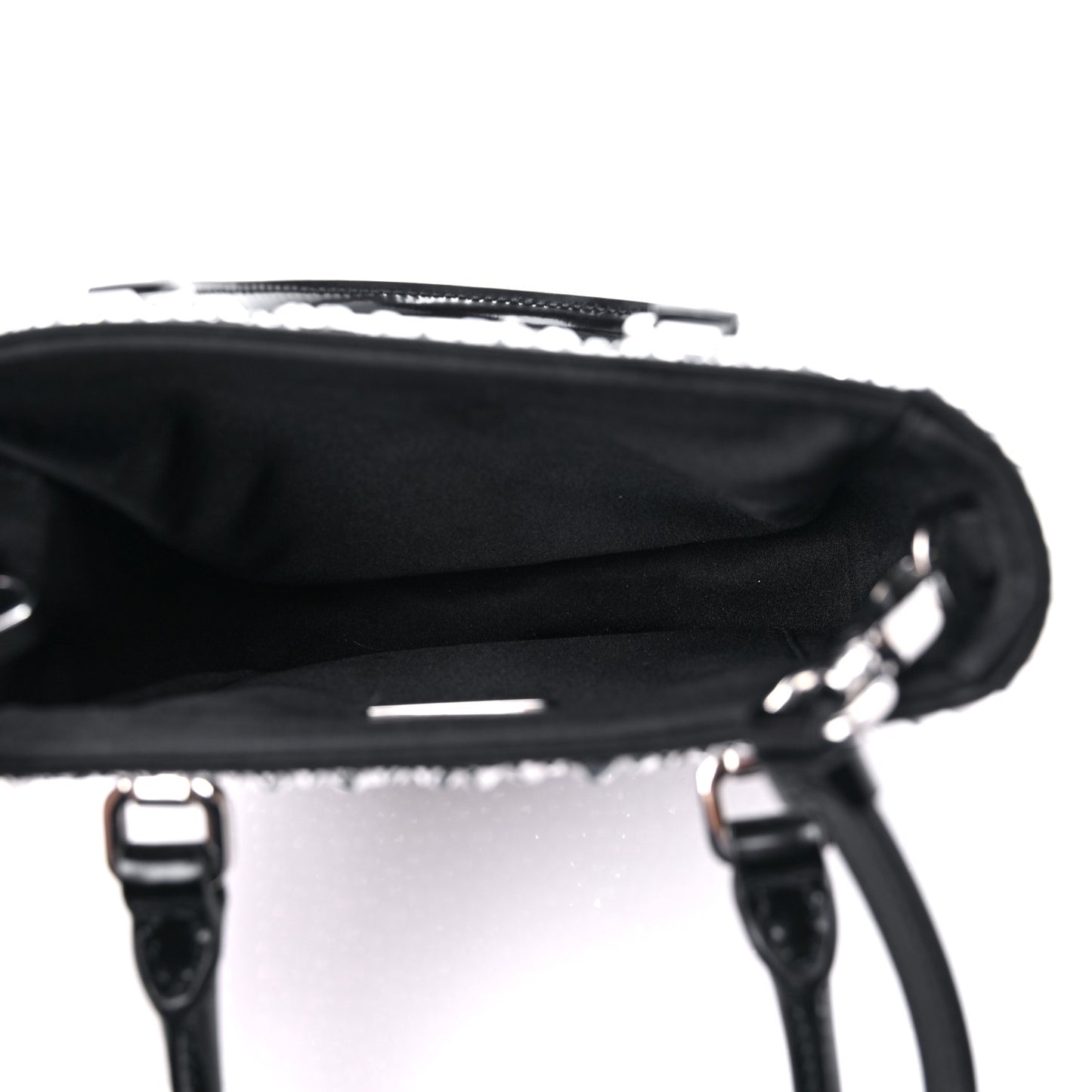 Satin Crystal Metal Triangle Logo Small Double Handle Crossbody Tote Metal