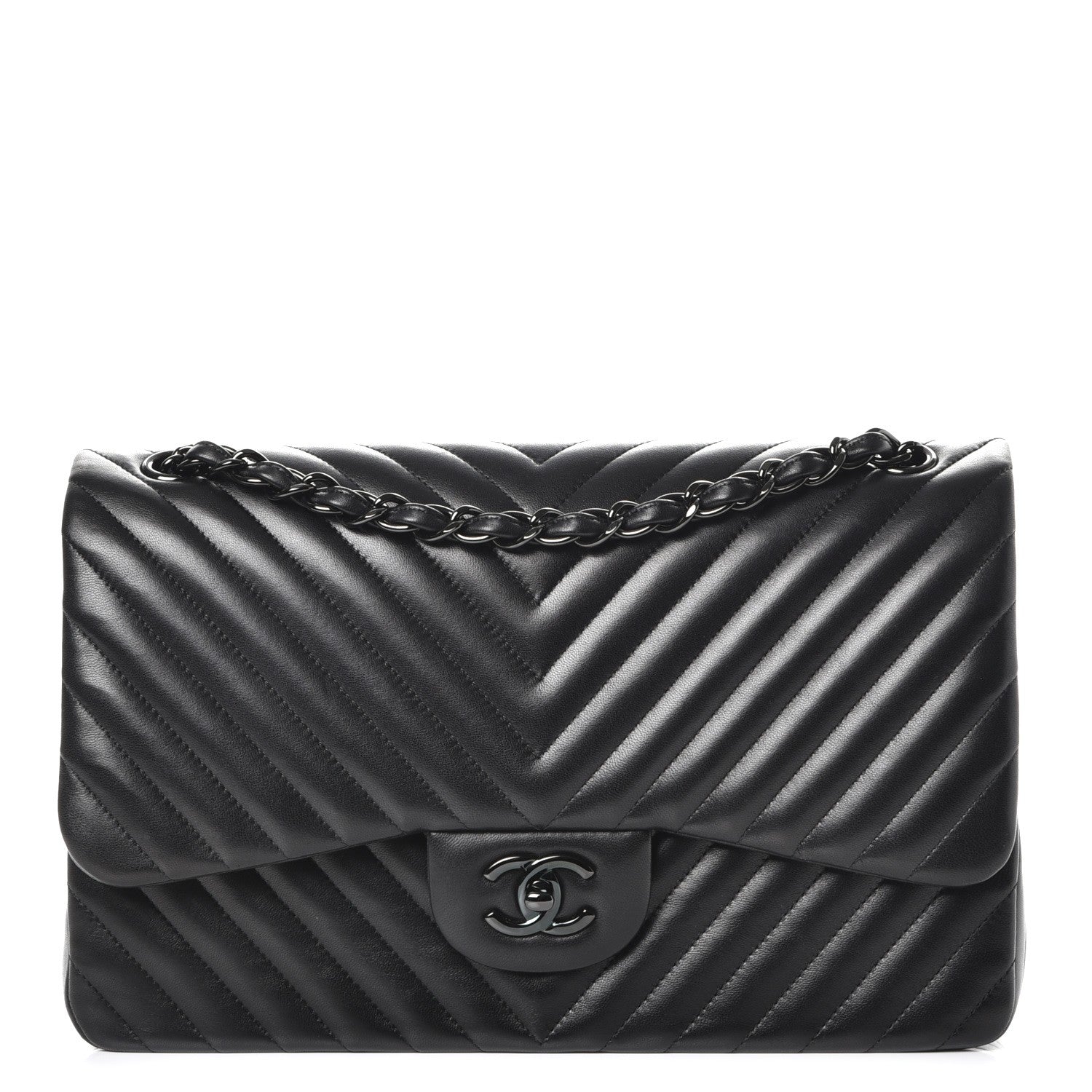 Chanel Lambskin Chevron Quilted Jumbo Double Flap So Black 1 of 9