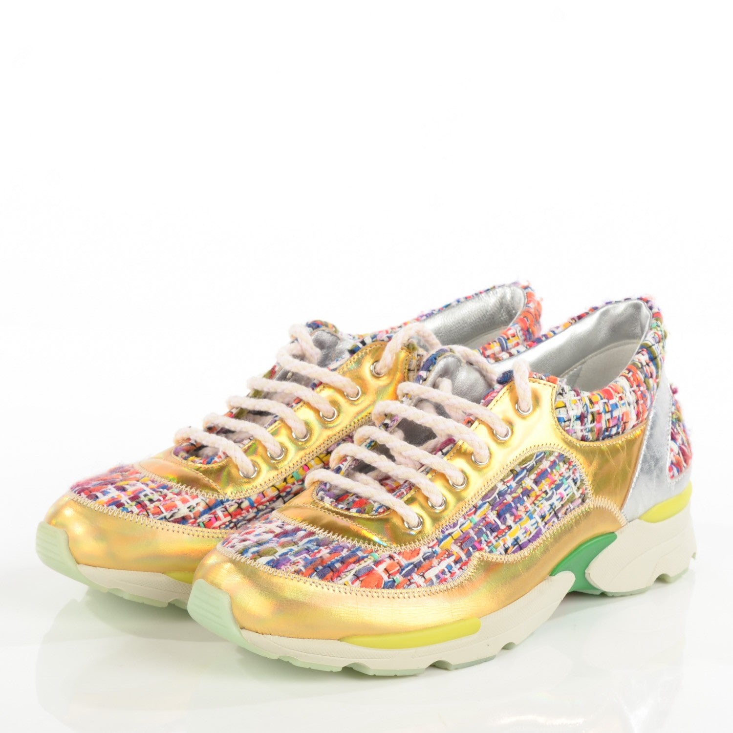 Chanel Tweed Lambskin Runway Sneakers 36.5 Argent Gold 3 of 7