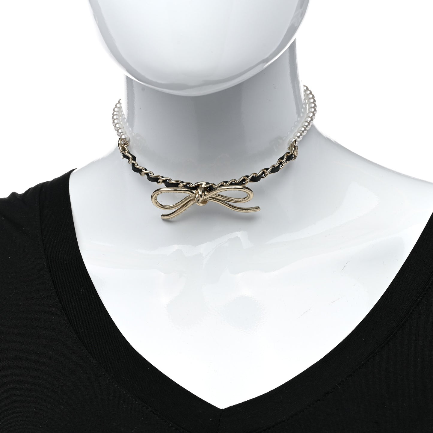 Calfskin Pearl Metal CC Bow Choker Necklace Gold White Black