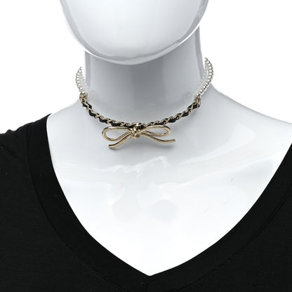 Chanel Calfskin Pearl Metal CC Bow Choker Necklace Gold White Black 2 of 6