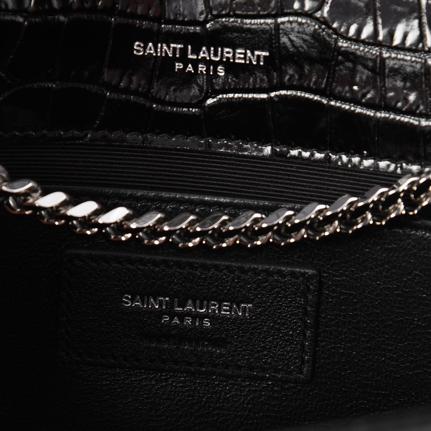 Calfskin Crocodile Embossed Medium Classic Monogram Kate Tassel Satchel Black