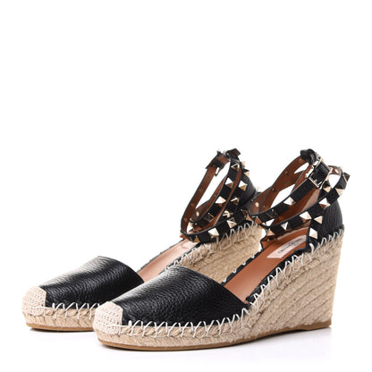 Valentino Garavani Grained Calfskin Rockstud Ankle Wrap Espadrille 15/85mm Wedges 37 Black Light Cuir 3 of 10