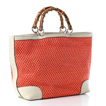 Gucci Straw Calfskin Small Bamboo Shopper Tote Orange 2 of 9